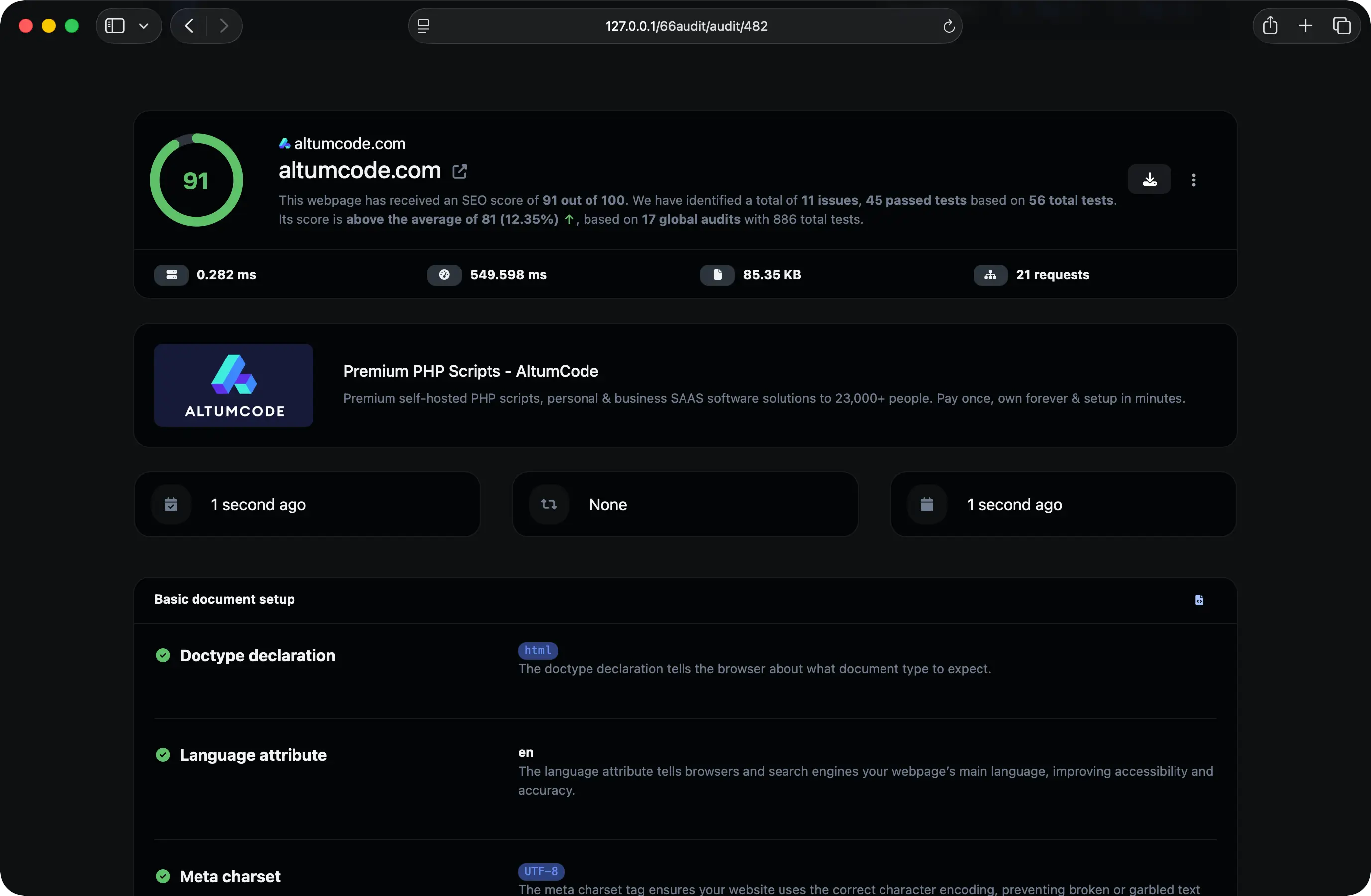 Screenshot of the app dashboard